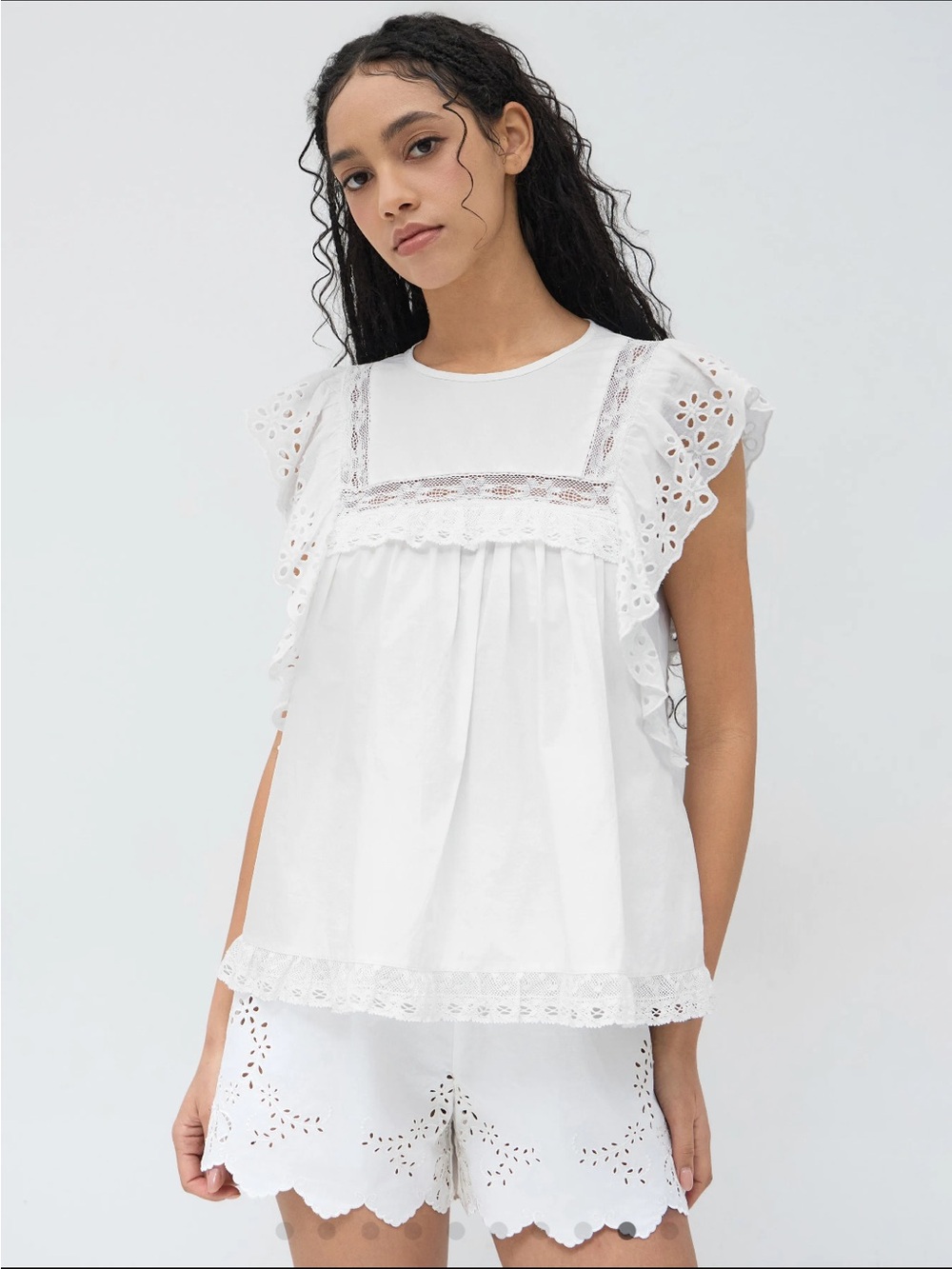 Cider 100% COTTON BRODERIE ANGLAISE LACE TRIM BLOUSE